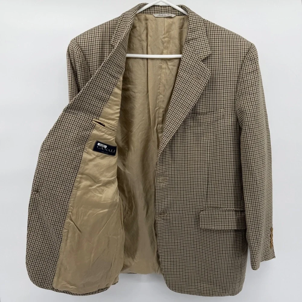 Canali Silk Wool Sport Coat Blazer Men 40R (50R IT) Brown Houndstooth Italy Made